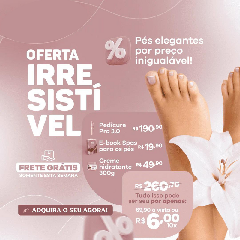 Pedicure Pro 3.0® - Esfoliador Elétrico + Livro Digital com Dicas Exclusivas + Creme Hidratante Intensivo 240g - Leve 3 Itens Pelo Preço de 1